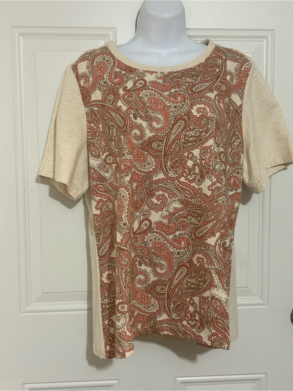 Denim&Co Cream Short Sleeve Top with Rust Paisley Front